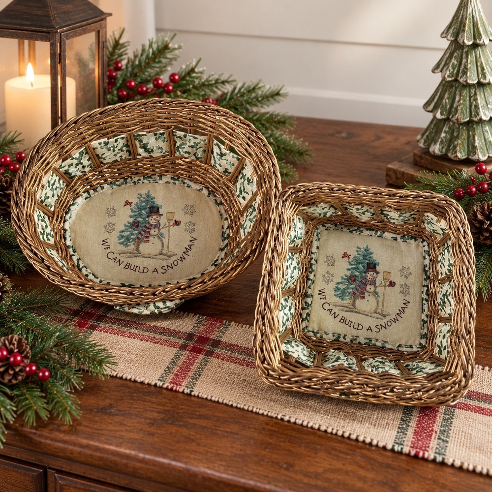 Set of 2 Gold Wicker Snowman Baskets Christmas Holiday Decor Oval Square Rustic